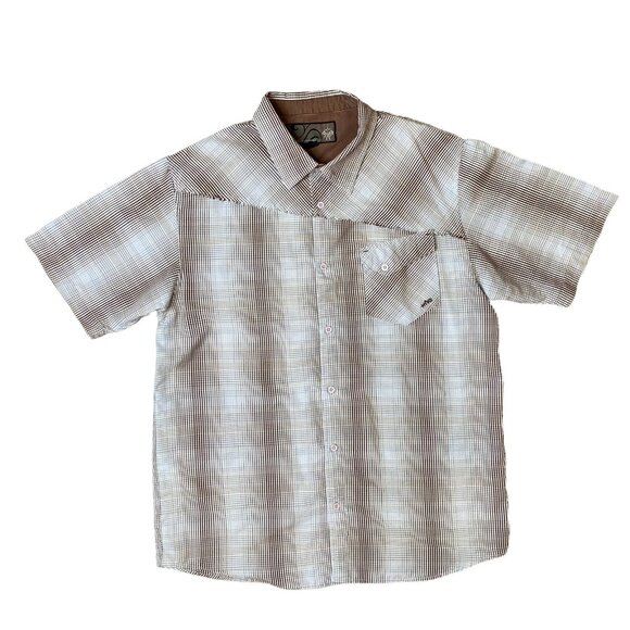 PrAna Short Sleeve Button Up Shirt Mens XL Brown Blue Plaid Raw Edge Detail - Picture 1 of 7